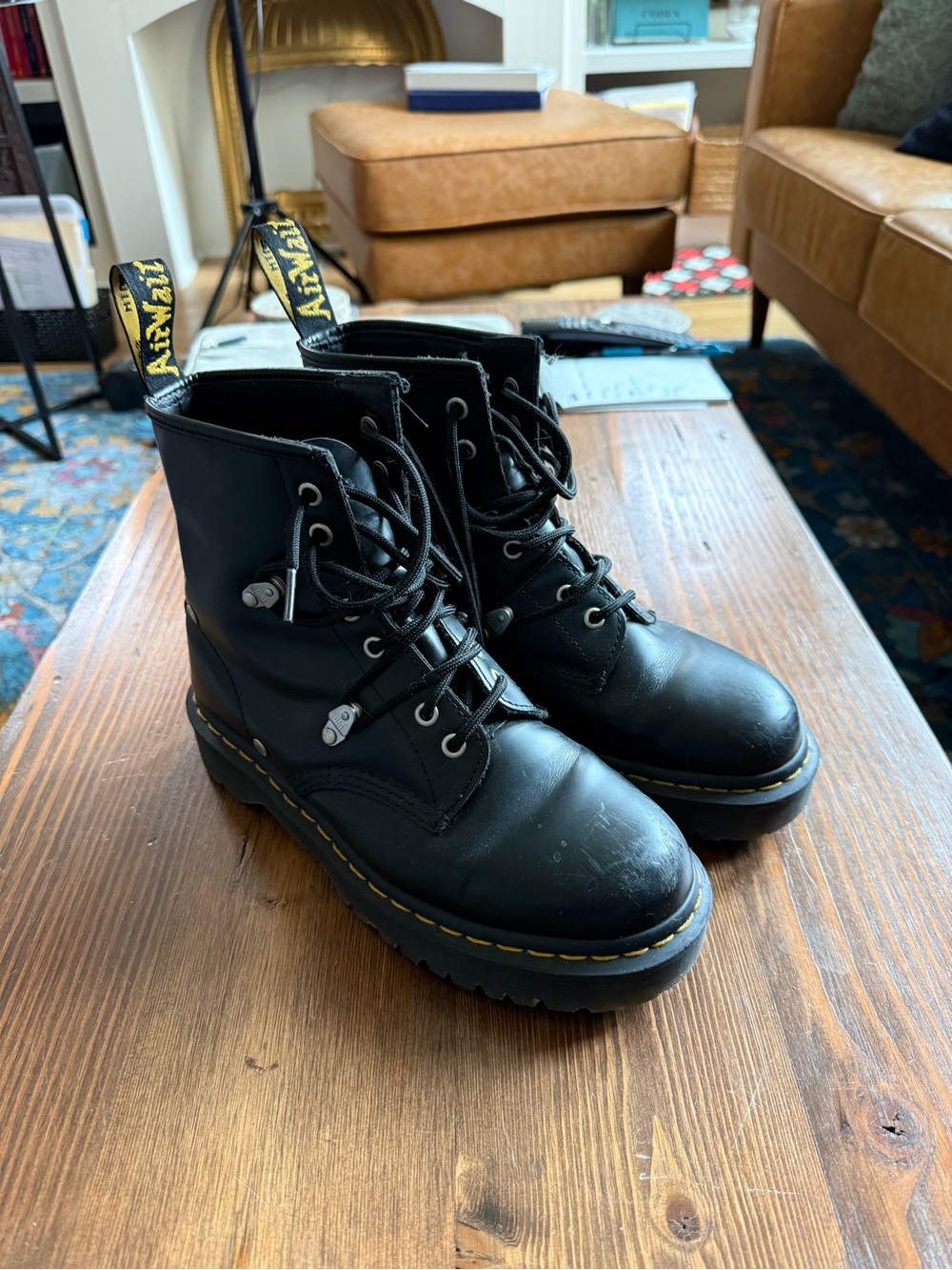 Dr. Martens Black Leather Lace-Up Platform Boots with Yellow Stitching